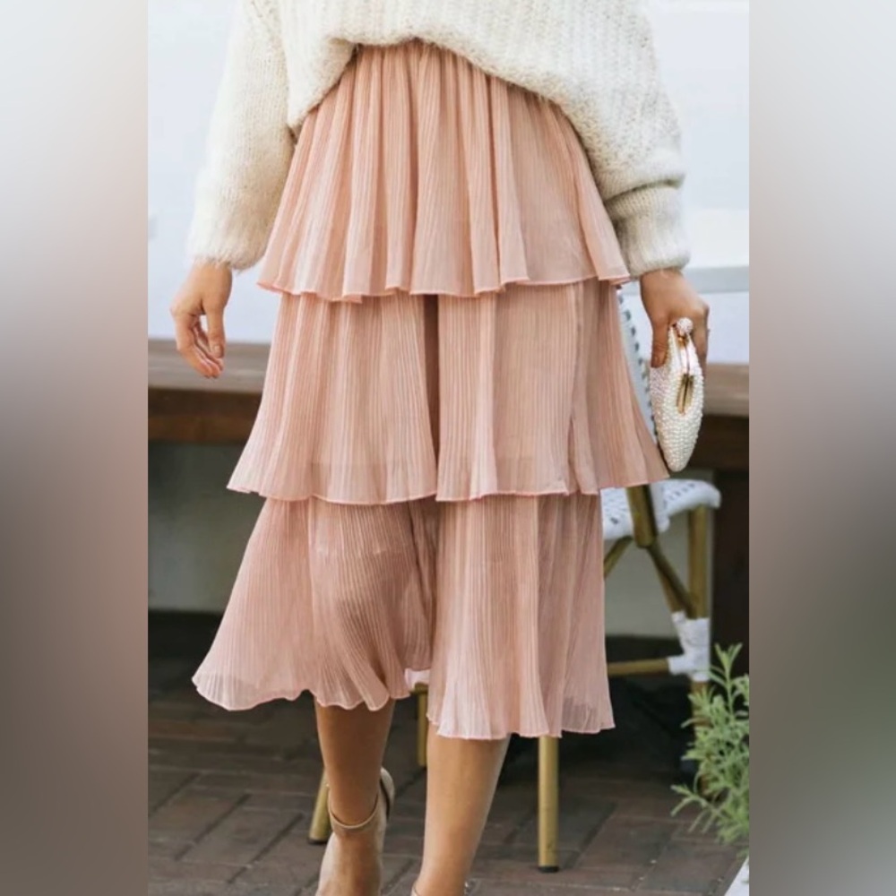 Rivir Lois Blush Metallic Boho Tiered Midi Skirt Size Small/Medium